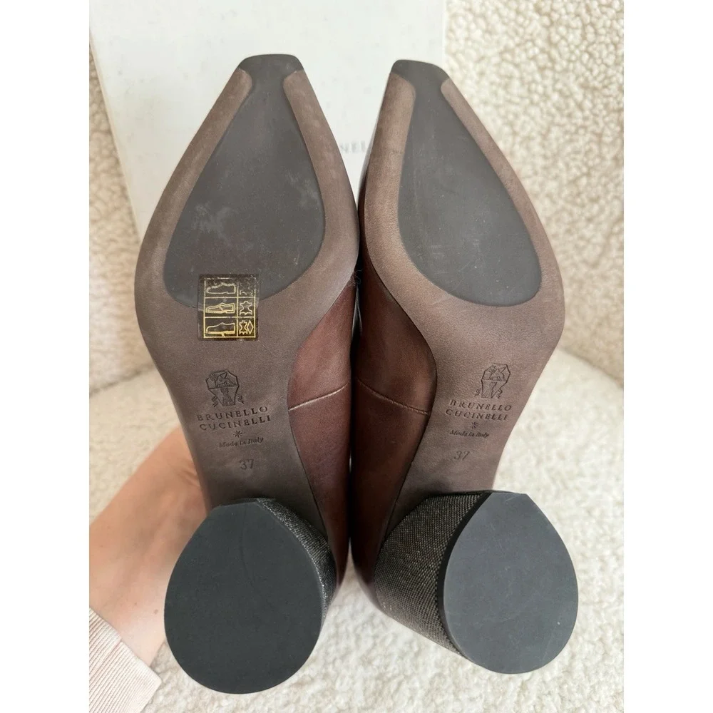 NWT‎ Brunello Cucinelli - Brown Leather And Caviar Beads Block Heel Size 37